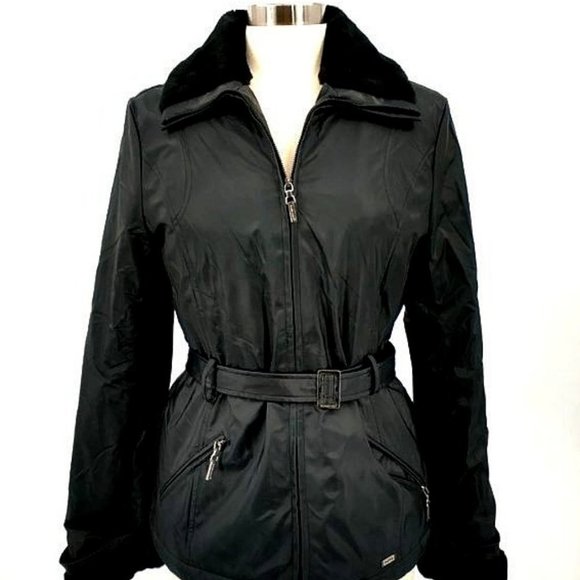 Rampage Outerwear Black Belted Trench Faux Fur Jacket - Picture 2 of 12